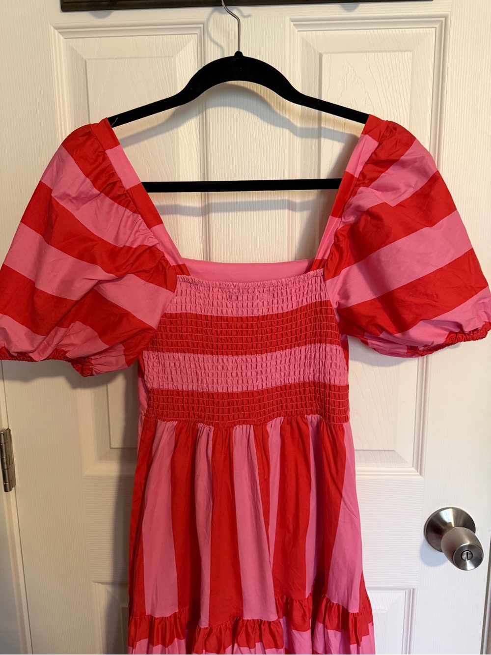 Crystal Doll Pink Red Stripe Puff Sleeve Midi Dress Cottagecore Size Small - Picture 9 of 10